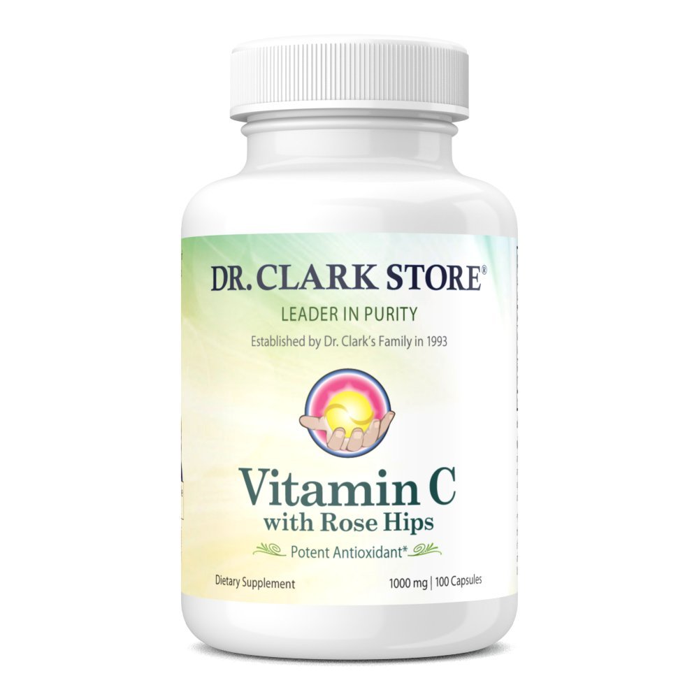 Dr. Clark Vitamin C med Rose HIPS supplement - 1000mg, 100 Gelatine kapsler, immunforsvar & antioxidant beskyttelse