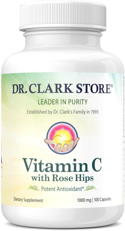 Dr. Clark Vitamin C med Rose HIPS supplement - 1000mg, 100 Gelatine kapsler, immunforsvar & antioxidant beskyttelse