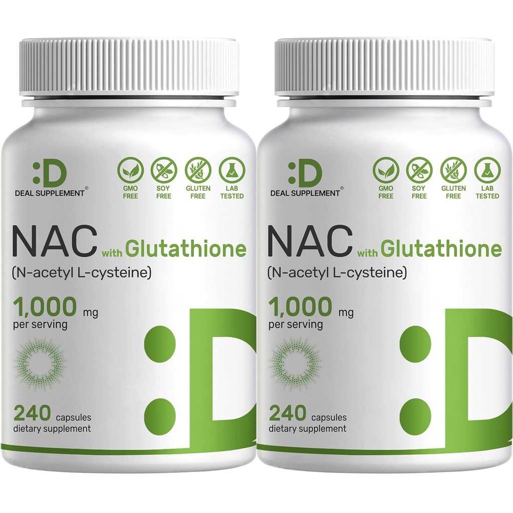 2 Pack NAC- tillæg (N- acetyl cystein) 1. 000 mg servering med reduceret glutathion, 480 kapsler