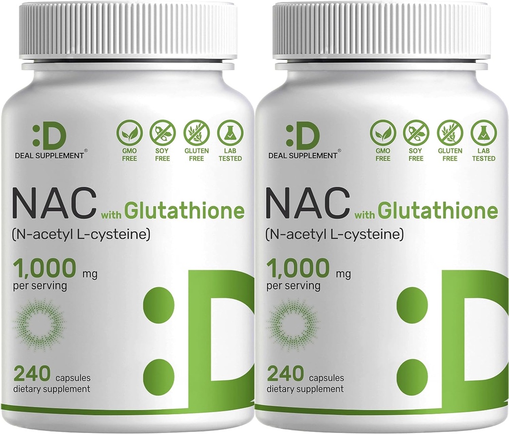 2 Pack NAC- tillæg (N- acetyl cystein) 1. 000 mg servering med reduceret glutathion, 480 kapsler
