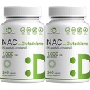 2 Pack NAC- tillæg (N- acetyl cystein) 1. 000 mg servering med reduceret glutathion, 480 kapsler