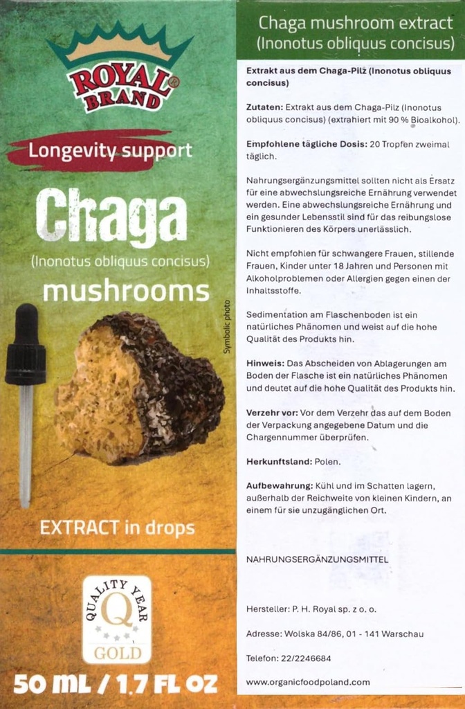 Chaga Tincture Drops / Chaga Mushroom / Bedre end Chaga Mushroom Capsules / High Dosis / Liquid Extract Drops / 1.7 FL OZ / 50 ml