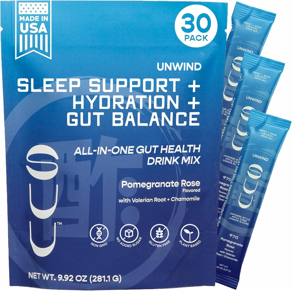 Unwind Gut Health Drink Mix|Apple Cider Vinegar Prebiotic,Probiotics Digestive Health for Women & Men|Melatonin-Free,Valerian Root,Chamomile|Relaxation Sleep & Hydration|Promegranate Rose,30 Servings