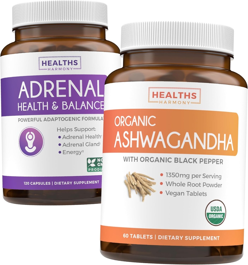 Adrenal & Ashwagandha (1 - Måned Supply) Rolig & Energize Bundle - Adrenal Support med L- Tyrosine (120 Kapsler) & USDA Organic Ashwagandha 1350mg Ashwagandha Root Powder per Serve (60 Kapsler)