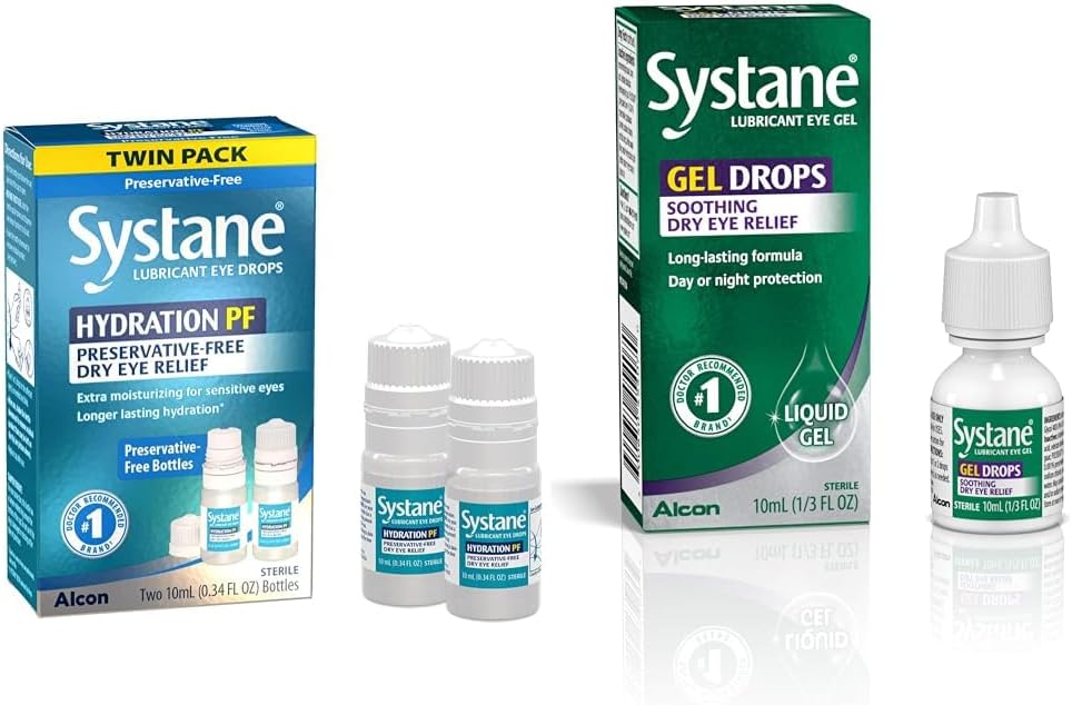 Systane Hydration Multi- Dose Preservative- Free Eye Drops Dry Eye Relief Twin Pack (2x10ml) & Smøremiddel Eye Gel Drops, 10- ml (Packaging May Vary)