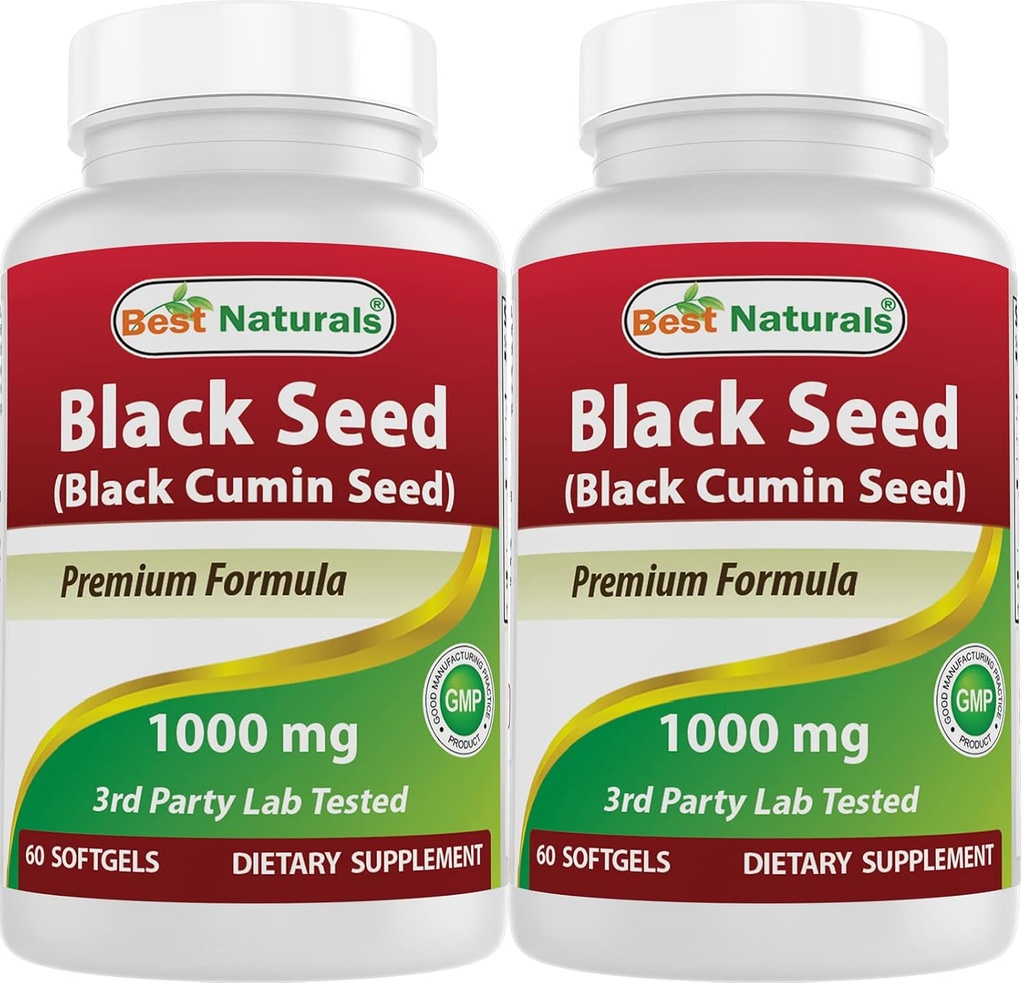 Bedste Naturals 2 Pakker Black Seed Oil Capsules 1000 mg (non-GMO) Nigella Sativa - 100% Cold Pressed Black Cumin Seed Oil Pills Indeholder Thymoquinonoe 60 Greve (Total 120 Softgels)