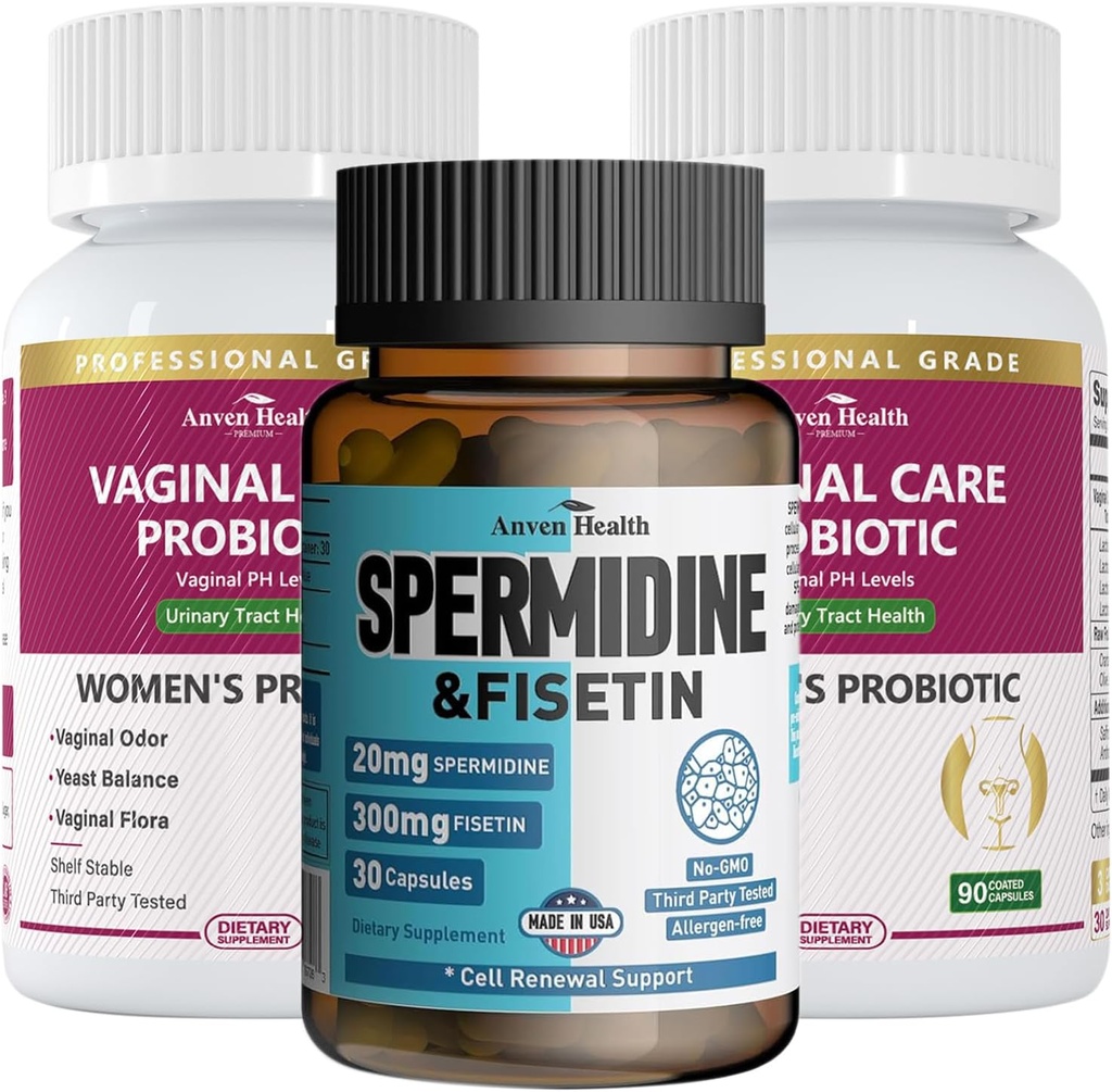 Kvinders sundhed Bundle: 2 flasker Vaginal Probiotika + 1 flaske Spermidin & Fisetin - Vaginal, Gut & immunforsvar + Cellular Fornyelse & Anti- Aging Support