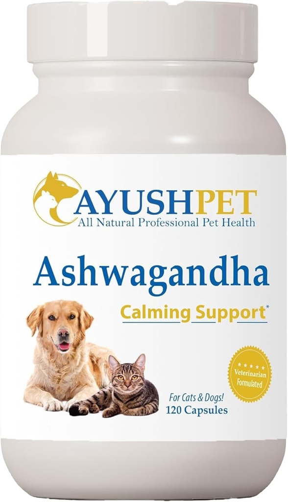 Ayush Pet Ashwagandha kapsler til hunde & katte - Organic Ashwagandha rodekstrakt til rolig og daglig balance, Adaptogen Wellness supplement til kæledyr, 500mg Per Capsule - 120 Greve