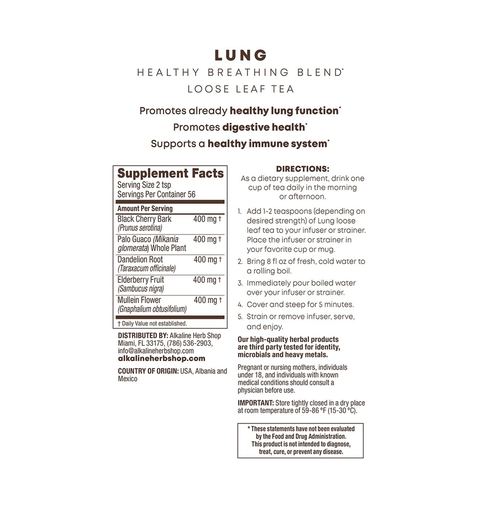 Alkaline Herb Shop - Happy Lung Tea Supplement - Made with Natural Wildcrafted Herbs - Mullein, Elderberry, Mælkebøtte, Vild Kirsebær Bark. & Guaco - Vegan - Gluten- Free - 4 Oz Loose Leaf Urtete