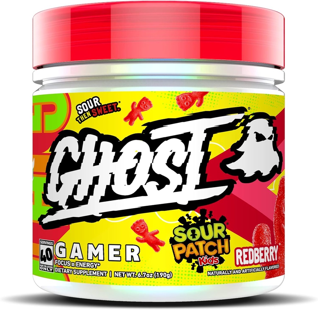 GHOST Gamer: Energi og fokus Support Formel - 40 Serveringer, Sour Patch Kids Redberry - Nootropics & Natural Coffein for Opmærksomhed, Nøjagtighed & reaktion tid - Vegan, Gluten- Free