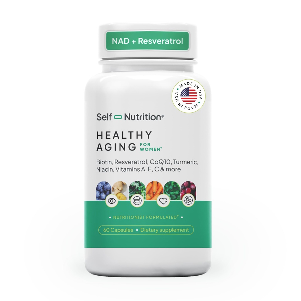 Sund aldring supplement for kvinder - Resveratrol, NAD, Collagen Booster, Biotin, Hyaluronic Acid & Mere. Cellular Sundhed, Skønhed, Longevity - USA, Vegan, 60 Kapsler.