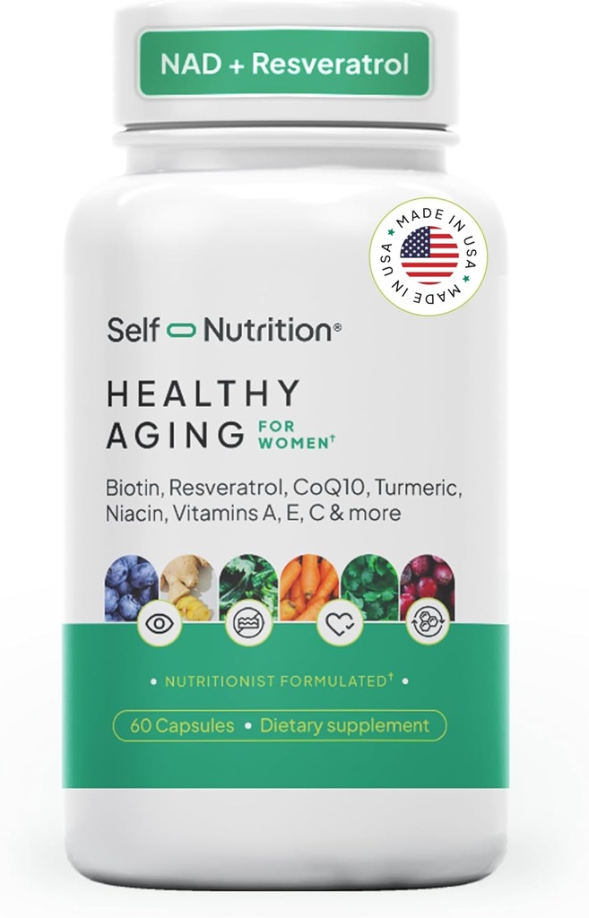 Sund aldring supplement for kvinder - Resveratrol, NAD, Collagen Booster, Biotin, Hyaluronic Acid & Mere. Cellular Sundhed, Skønhed, Longevity - USA, Vegan, 60 Kapsler.