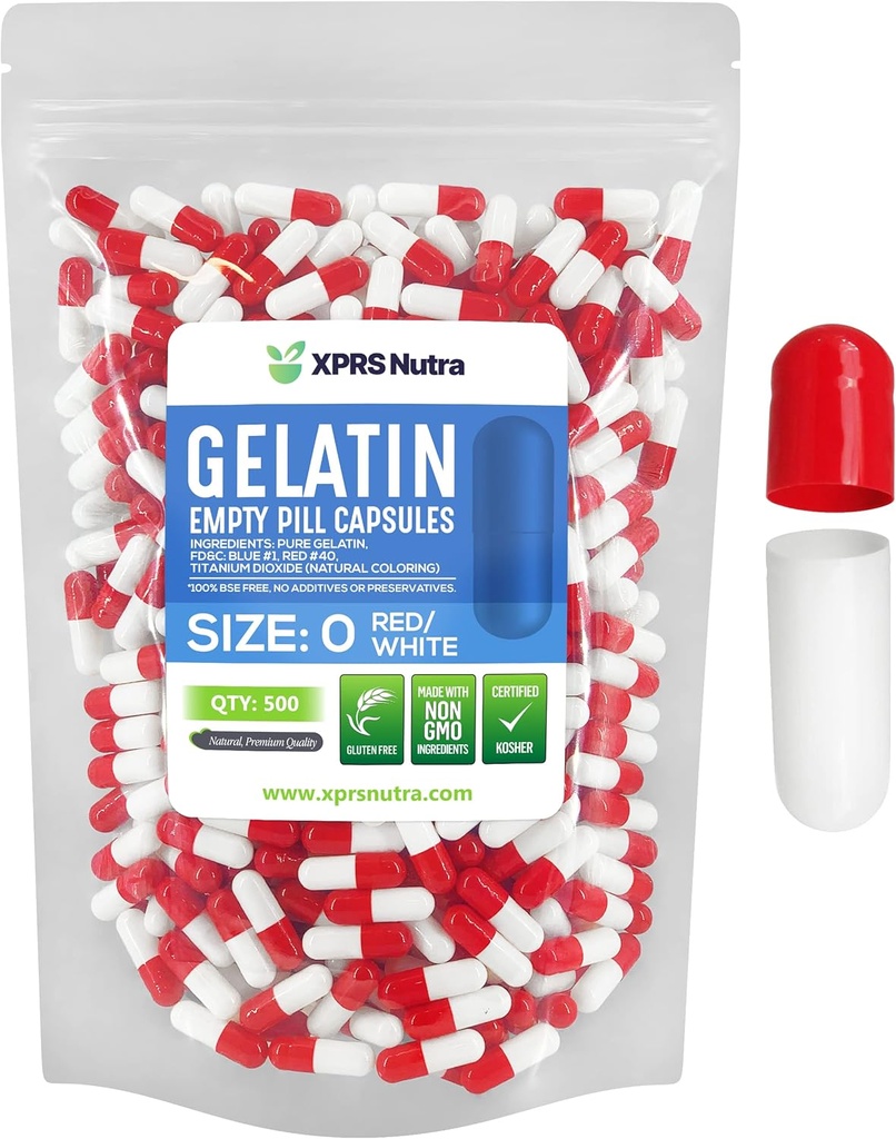 XPRS Nutra Størrelse 0 Tomme kapsler - 500 Tomme Gelatine kapsler - Piller selv Kapselfyld - Pure Bovin Pill Gel Caps til Do- It- Yourself Kosttilskud (rød / hvid)