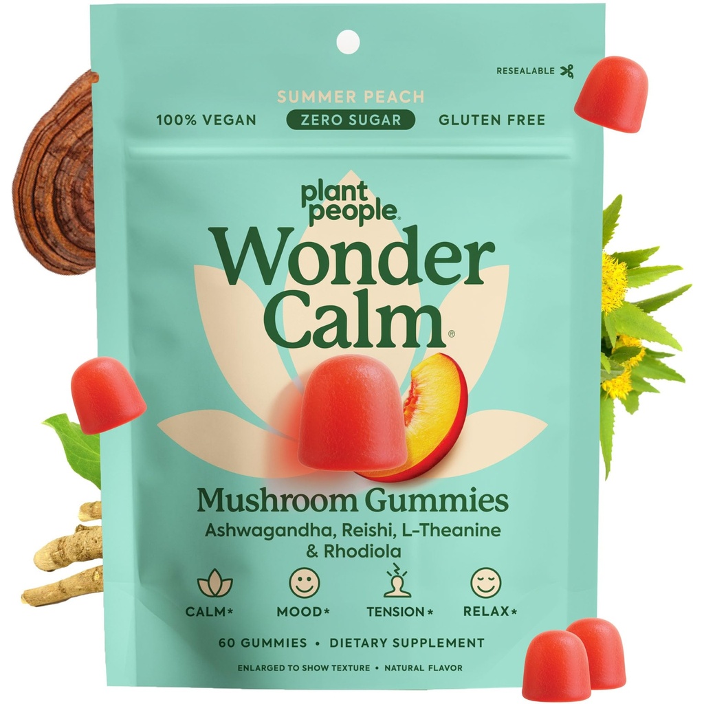 Plante Folk WonderRoom Mushroom Gummies - Natural Ashwagandha supplement til lette stress & Boost Mood for voksne uden sukker, Gluten eller kunstige farver, Vegan- Friendly, Peach Flavor, 60 Greve
