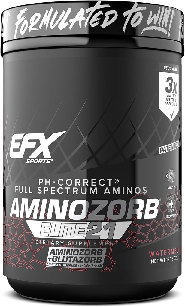 EFX Sports Aminozorb Elite 21 | PH-Correct, Full Spectrum Aminos + Glutamine | Essential & Non Essential Aminos | Zero Sugars | 30 Servings (Watermelon)