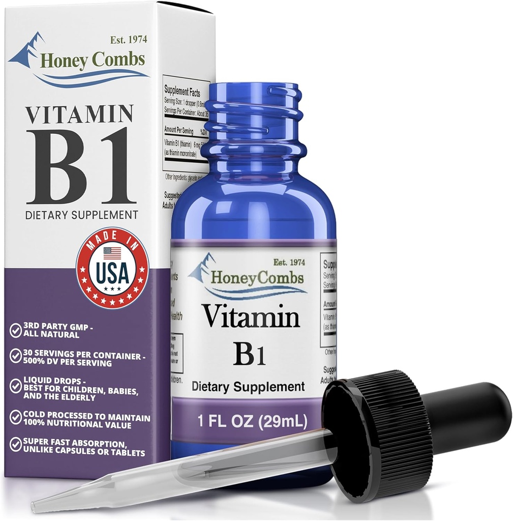 Vitamin B1 Thiamin Liquid Drops - Lavet i USA - Natural High Potency Fast Absorption Thiamin B1 tillæg til mænd, kvinder & børn - Vegan Formel - Bulk størrelser også tilgængelig