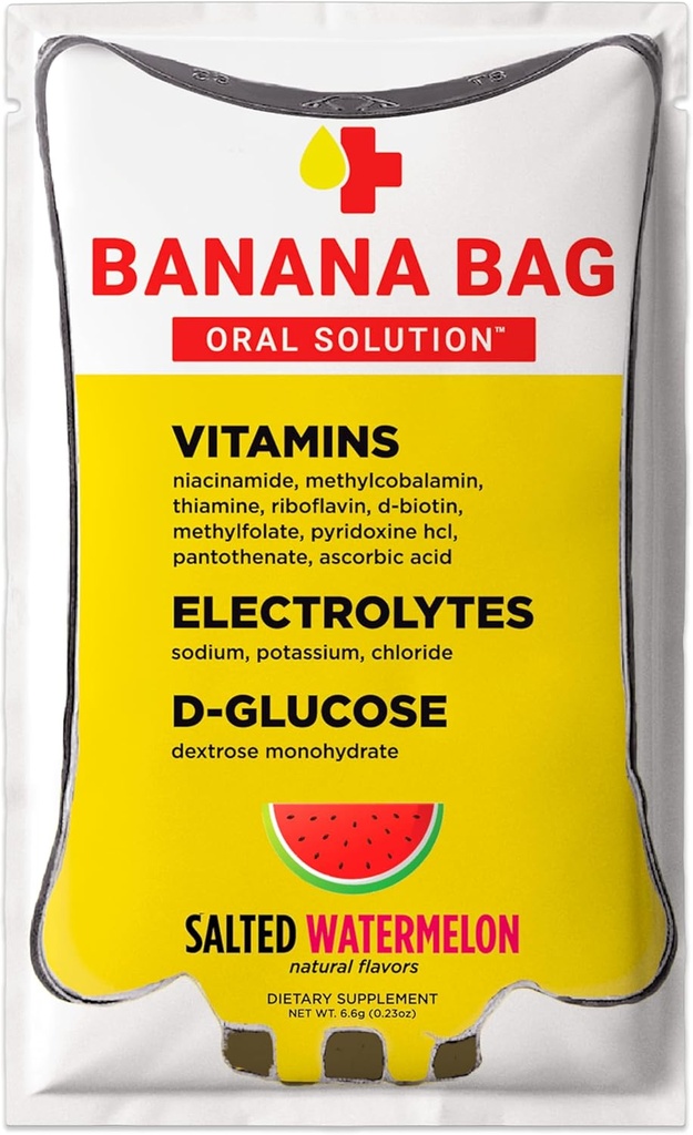 Bananpose Oral Solution Pakninger - Saltede Watermelon 15pk Budd124; En opfriskende blend af elektrolyter, C-vitamin, og B-kompleks til hydrering og energi. Praktisk, Easy- to- Mix, og perfekt til daglig brug.