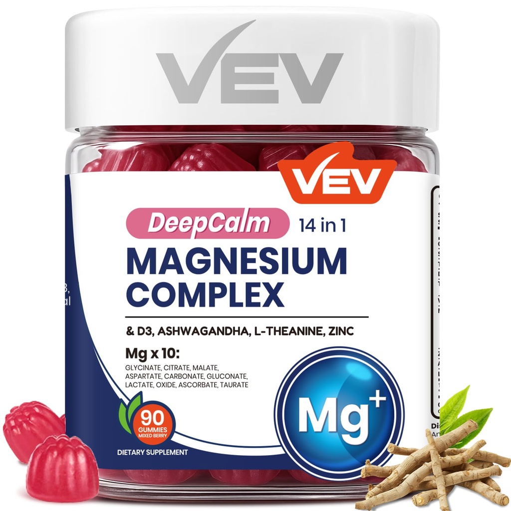 VEV Magnesium Complex DeepCall 14- in-1 Gummies - med Ashwagandha, L-Theanine, D3 & Zink - Cortisol Kosttilskud til kvinder - 90 Ingen tilsat sukker Vegan Magnesium Glycinate Complex Gummies
