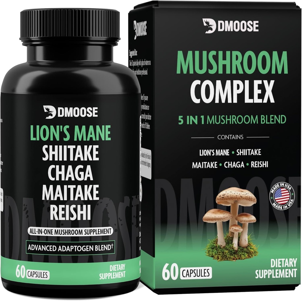 Lions Mane Mushroom Complex - 5300 mg Adaptogen Blend til hukommelse, fokus og immunforsvar - 5 i 1 Lionsmane, Chaga, Maitake, Shiitake og Reishi ekstrakt, Nootrop Mushroom supplement kapsler