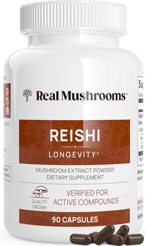 Real champignons Reishi Mushroom Capsules - Håndplukkede økologiske champignon Ekstrakter - Red Reishi for Tranquil Daglig Wellness med verificerede Beta glucans Vegan, Non- GMO, No Grain Fillers, 90 ct