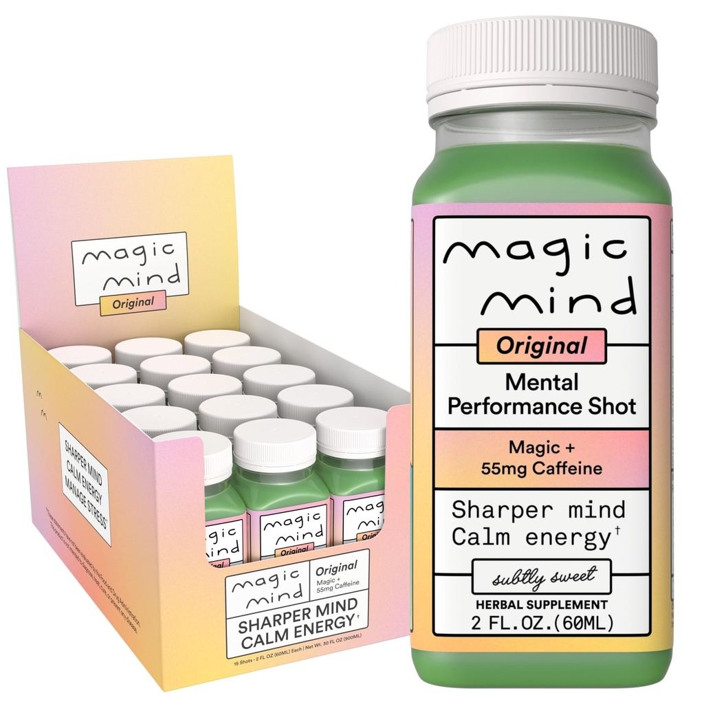 Magic Mind Energy and Focus Drink Shots - Stress Relieving, No Jitters, Ashwagandha, Vitamin B12, C-vitamin, Matcha Green Tea, Functional Mushrooms - 2 FL Oz (15 Pack)