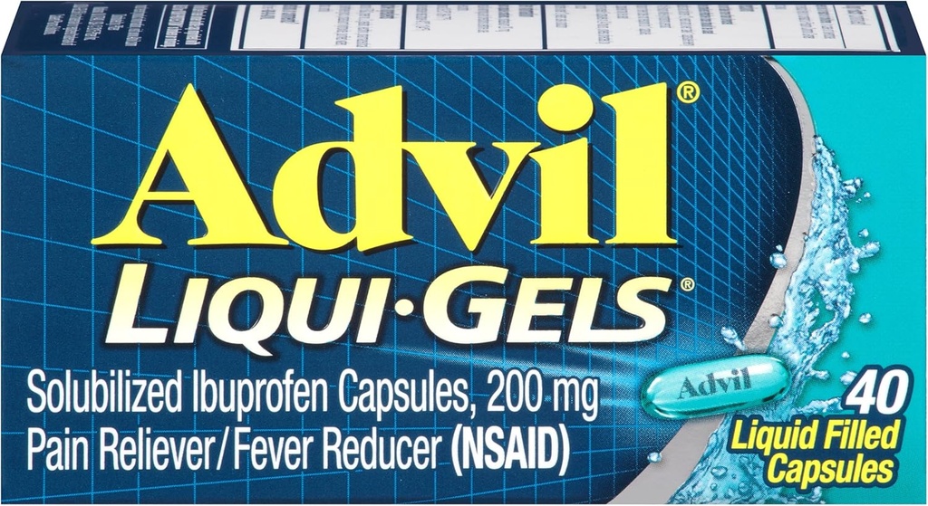 Advil Liqui- Gels Pain Reliever og Feber Reducer, smertestillende medicin til voksne med Ibuprofen 200mg For hovedpine, rygsmerter, menstruation og fælles smertelindring - 40 Væskefyldte kapsler