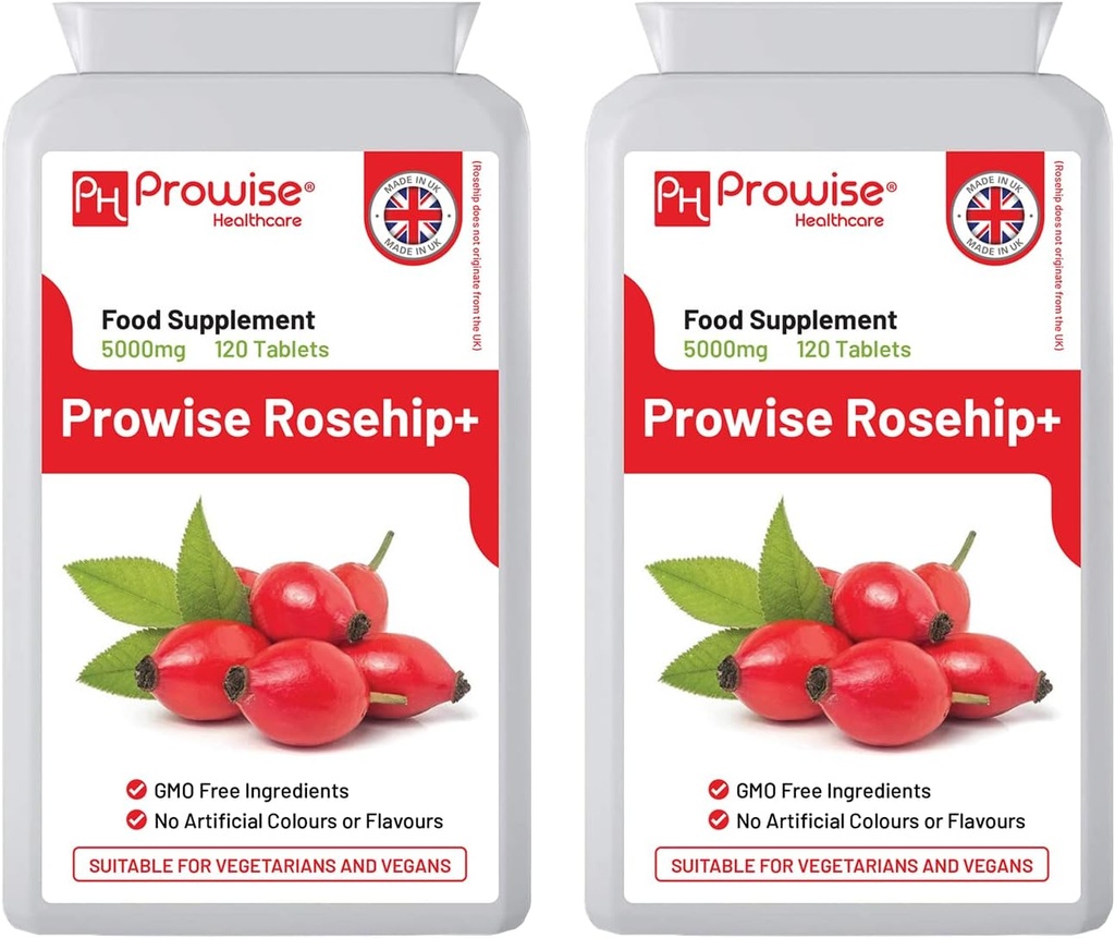 Rosehip Health + (pakning med 2) 500 mg 120 tabletter - UK Manufactured GMP Garanteret kvalitet - Egnet til vegetarer og vegetarer af Provis Healthcare