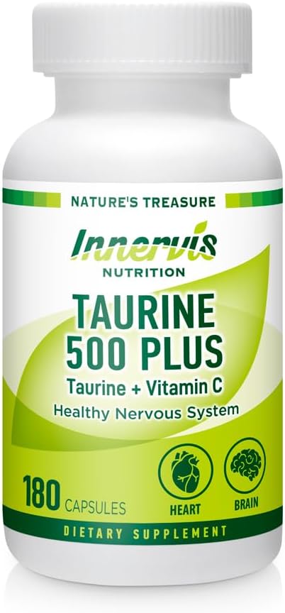 Taurin 500 Plus C-vitamin - 180 kapsler Sund hjerte Hjerne Sundhed Boost Energy Antioxidant Aminosyre supplement