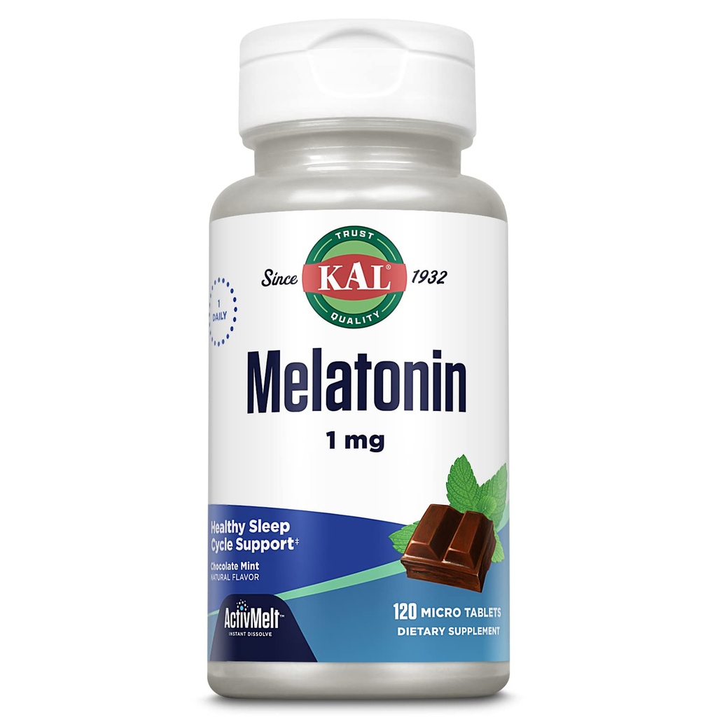 KAL Melatonin 1mg sovestøtte, Melatonin supplement understøtter opkalkning afslapning og en sund søvn cyklus, hurtig opløsning ActivMelts, Natural Chocolate Mint Flavor, Vegetar, 120 Serv, 120 Micro Tabs