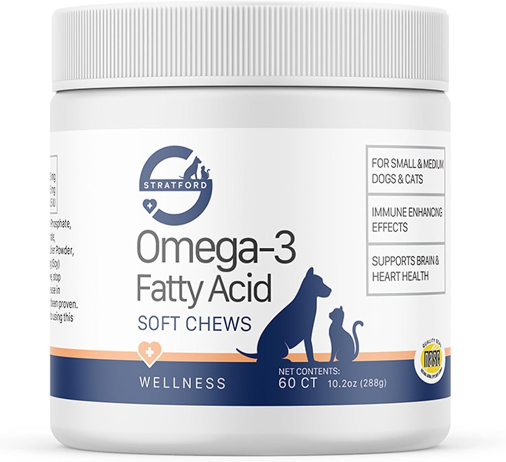 Stratford Pharmaceuticals EZ Chew Omega 3 Fed syre Soft Chew Max Strength - Hund Omega 3 Supplement - Soft Chew Treatings med Fish Oil for Dogs - små og mellemstore hunde - 60 Soft Chews