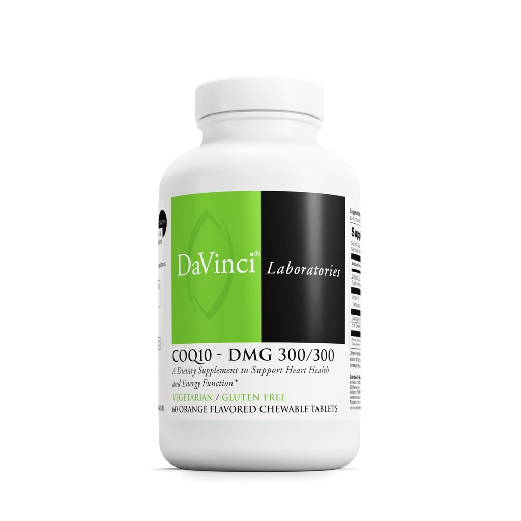 DAVINCI Labs CoQ10 - DMG 300 / 300 - Understøtter hjerte sundhed og energi funktion * - Kosttilskud med Coenzym Q10 & E-vitamin - Vegetar - Gluten- Free - 60 Orange Flavored Chewable Tablets