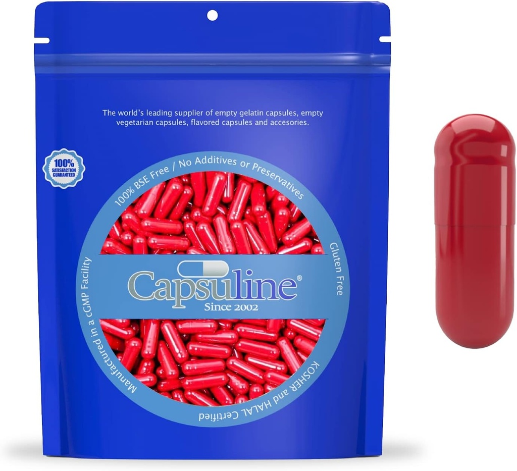 Capsulin Størrelse 0 - Farvede røde tomme Gelatine Kapsler - 1000 Greve - Tomme Gel Pille Kapsler - DIY Pure Bovine Pille Kapsler Fyldning - Tomme Caps - Kosher og Halal Certificeret