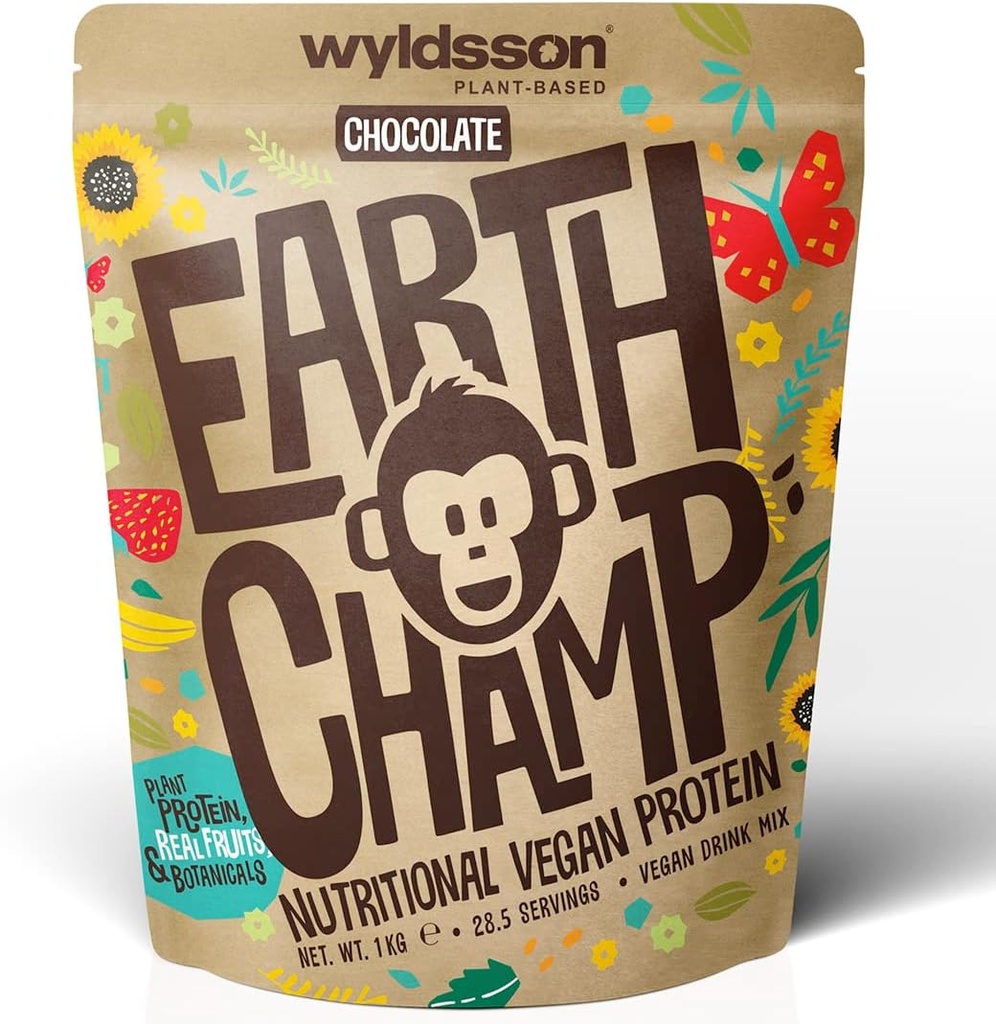 Vegansk proteinpulver (1 kg) - 28 Servering - EarthChamp by Wyldsson - Plant Based Chocolate Protein Powder Shake - Dairy Free - Lactose Free (Choc)