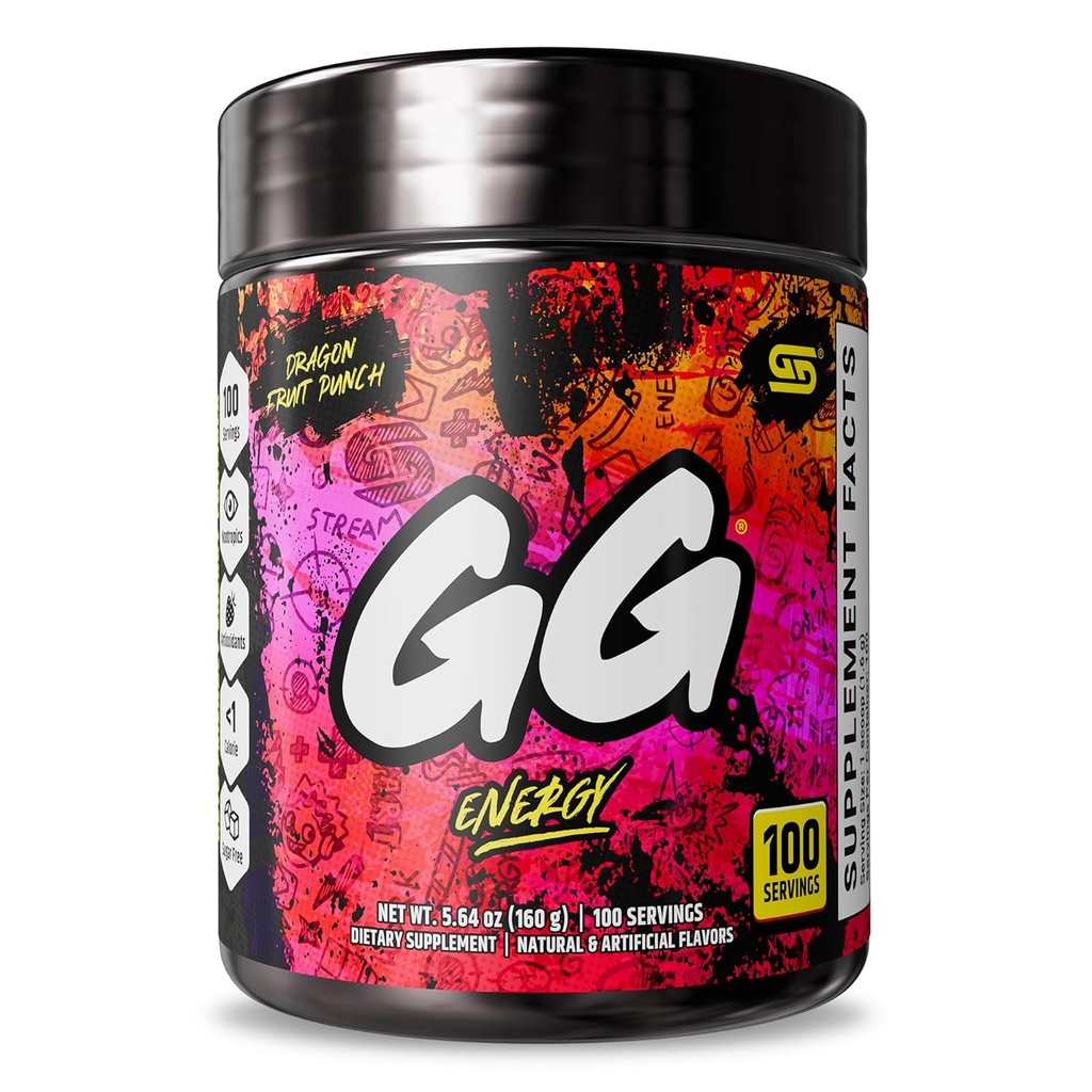 Gamer Supps GG ® Energy - Dragonfrugt Punch (100 Servere) - Keto Friendly Gaming Energy og Nootrop Blend, Sukker Free + Organic Coffein + Vitamin, Powder Drikke