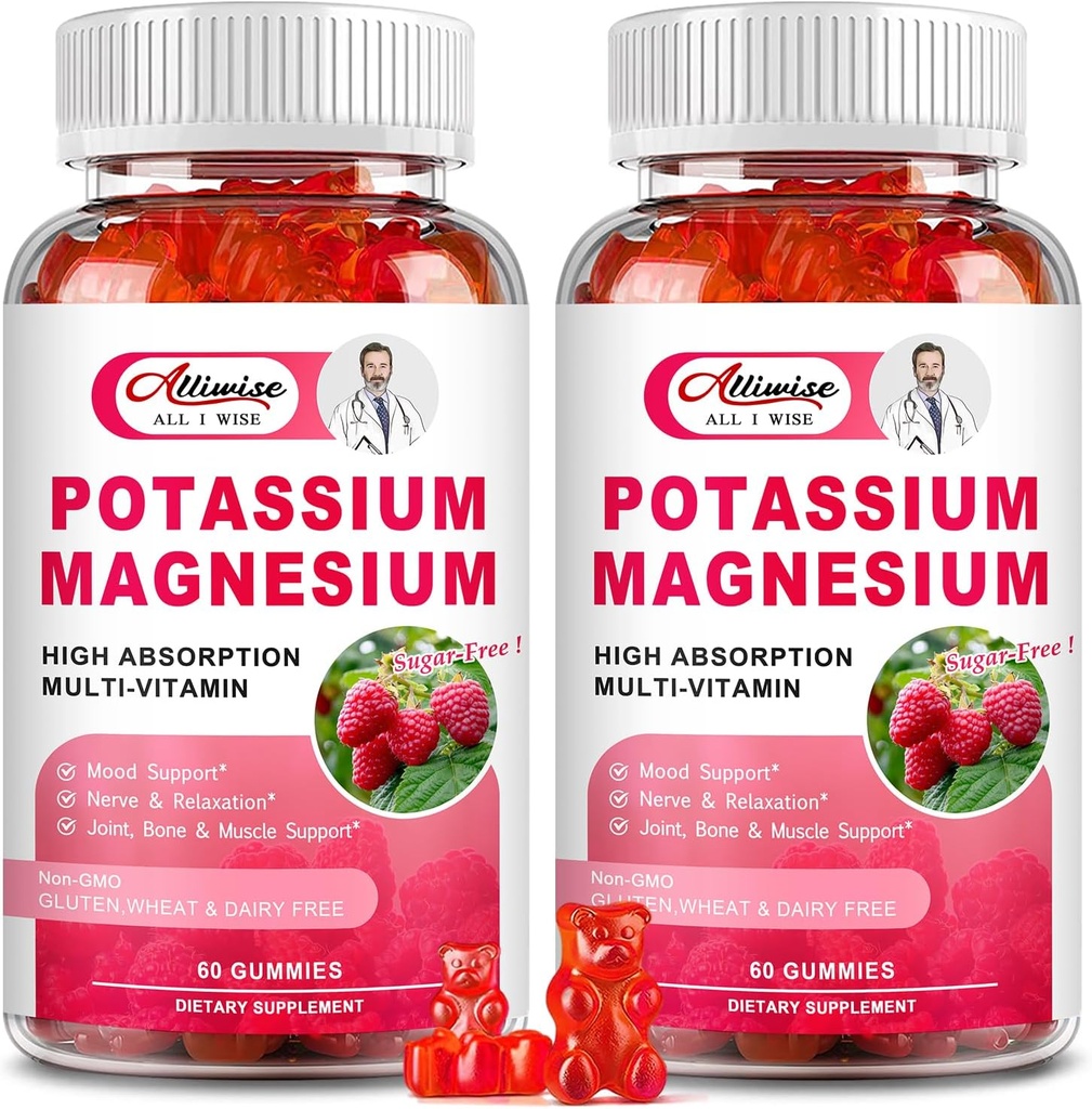 2 Pack Kalium Magnesium Supplement Gummies - Kalium Citrate & Magnesium Glycinat for ben kramper & muskel, Mood & Afslapning, Energistøtte med vitamin B6, D3, C Raspberry Flavor