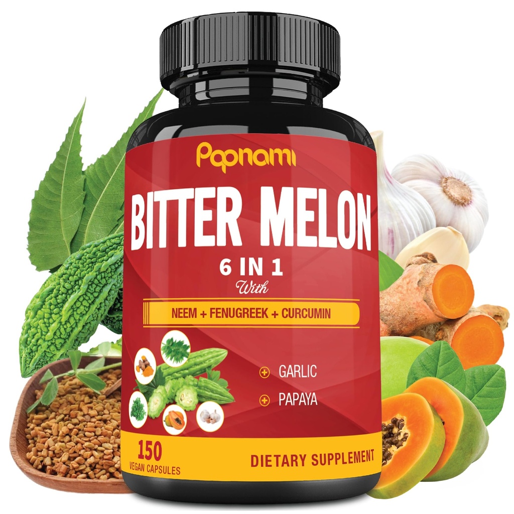 Organic Bitter Melon Extract Kapsler - Kombineret Neem, Bukkehorn, Curcumin, Hvidløg & Papaya - 150 Tæl for 5 Måneder - Understøtter krop, fordøjelsesbesvær, hud, immunforsvar og samlede wellness