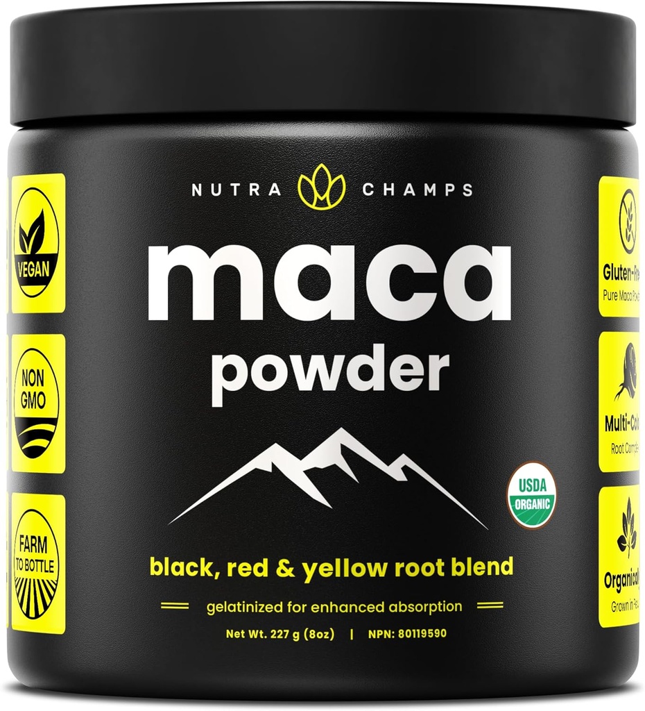 Organic Maca Powder - Peruvian Grown Maca Blend med gule, sorte & røde rødder - Gelatinized for Superior Bioavailability - Natural, Vegan & Non- GMO, 8oz