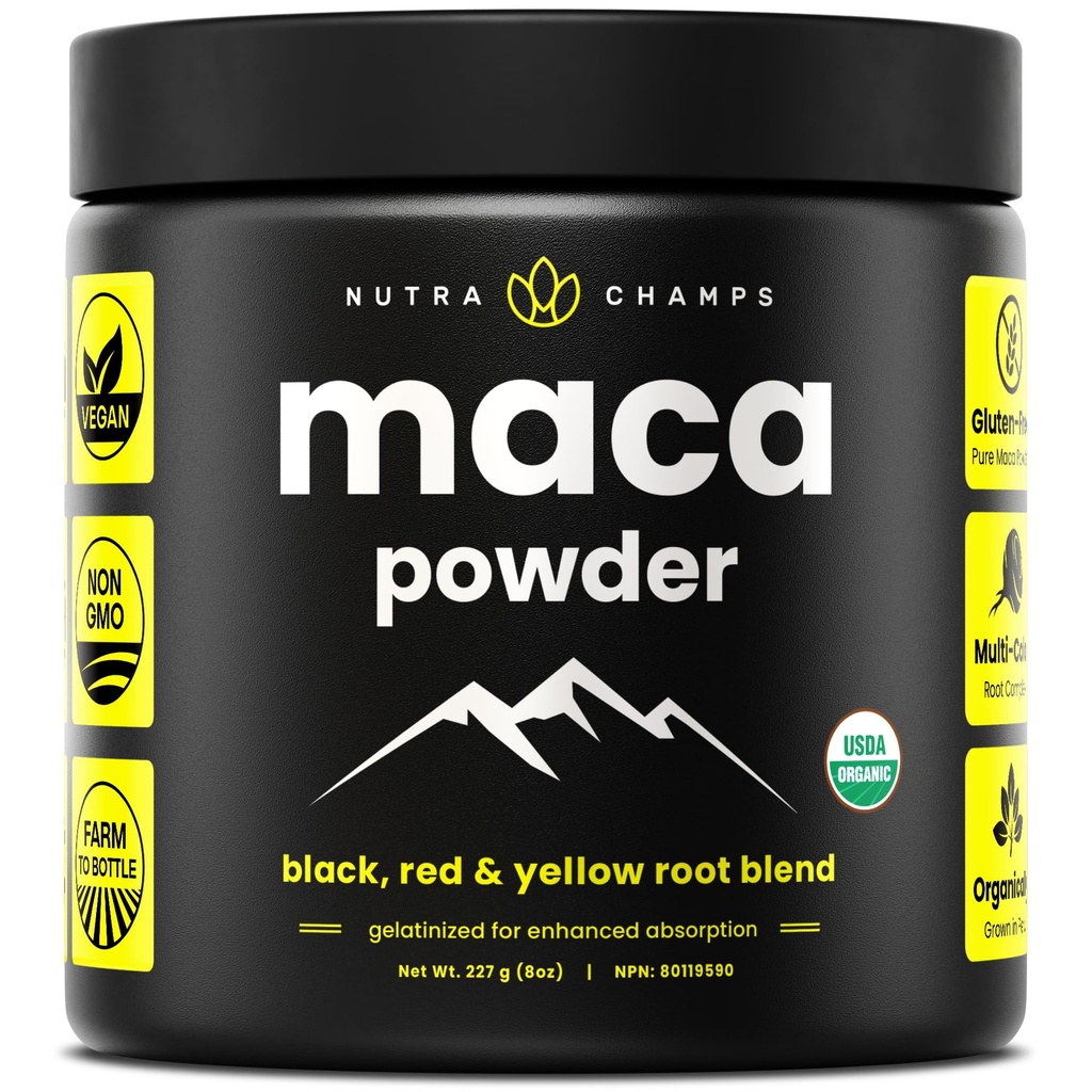 Organic Maca Powder - Peruvian Grown Maca Blend med gule, sorte & røde rødder - Gelatinized for Superior Bioavailability - Natural, Vegan & Non- GMO, 8oz