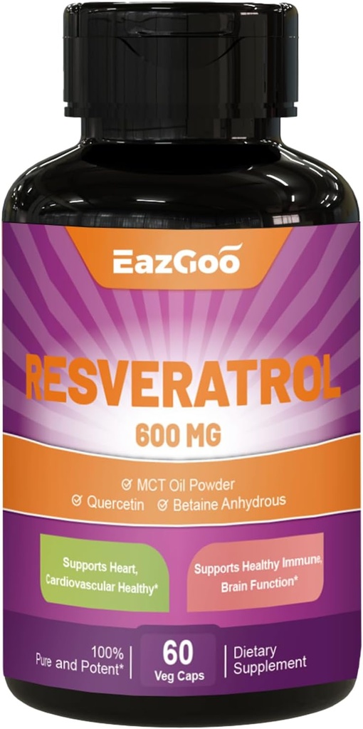 Resveratrol 600 mg, Trans-Resveratrol Supplement, Antioxidant Health Aging Support, 60 Capsules