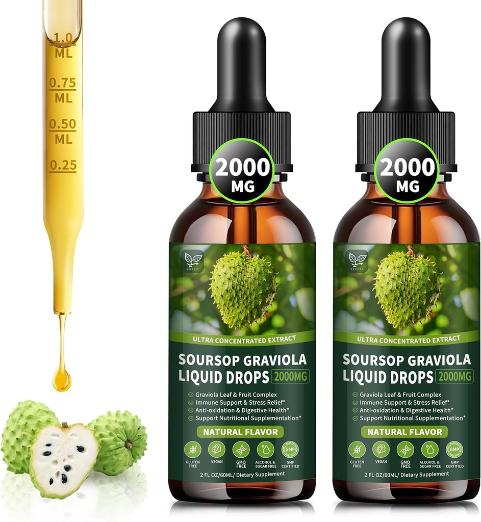 (2 Pack) Soursop Graviola Liquid Drops 2000mg, 98% Absorption for Cell Support & Regeneration, Immune Boost, Liver, Herbal Goodness, Soursop Bitters Liquid-Sugar/Gluten Free, Natural Flavor, 4 Fl Oz