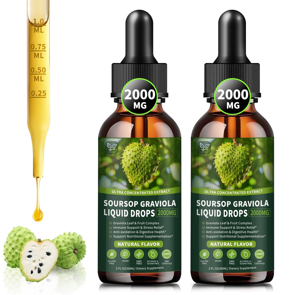 (2 Pack) Soursop Graviola Liquid- Drops 2000mg, 98% Absorption for Cell Support & Regeneration, Immunboost, Lever, Herbal Godhed, Soursop Bitters Liquid- Sugar / Gluten Free, Natural Flavor, 4 Fl Oz