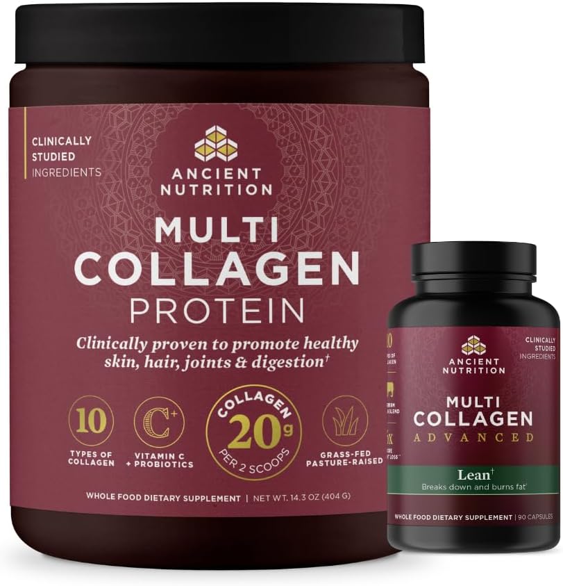 Ancient Nutrition Multi Collagen Advanced Lean Kapsler, 90 Count + Multi Collagen Protein Powder, Unflavored, 40 Servere