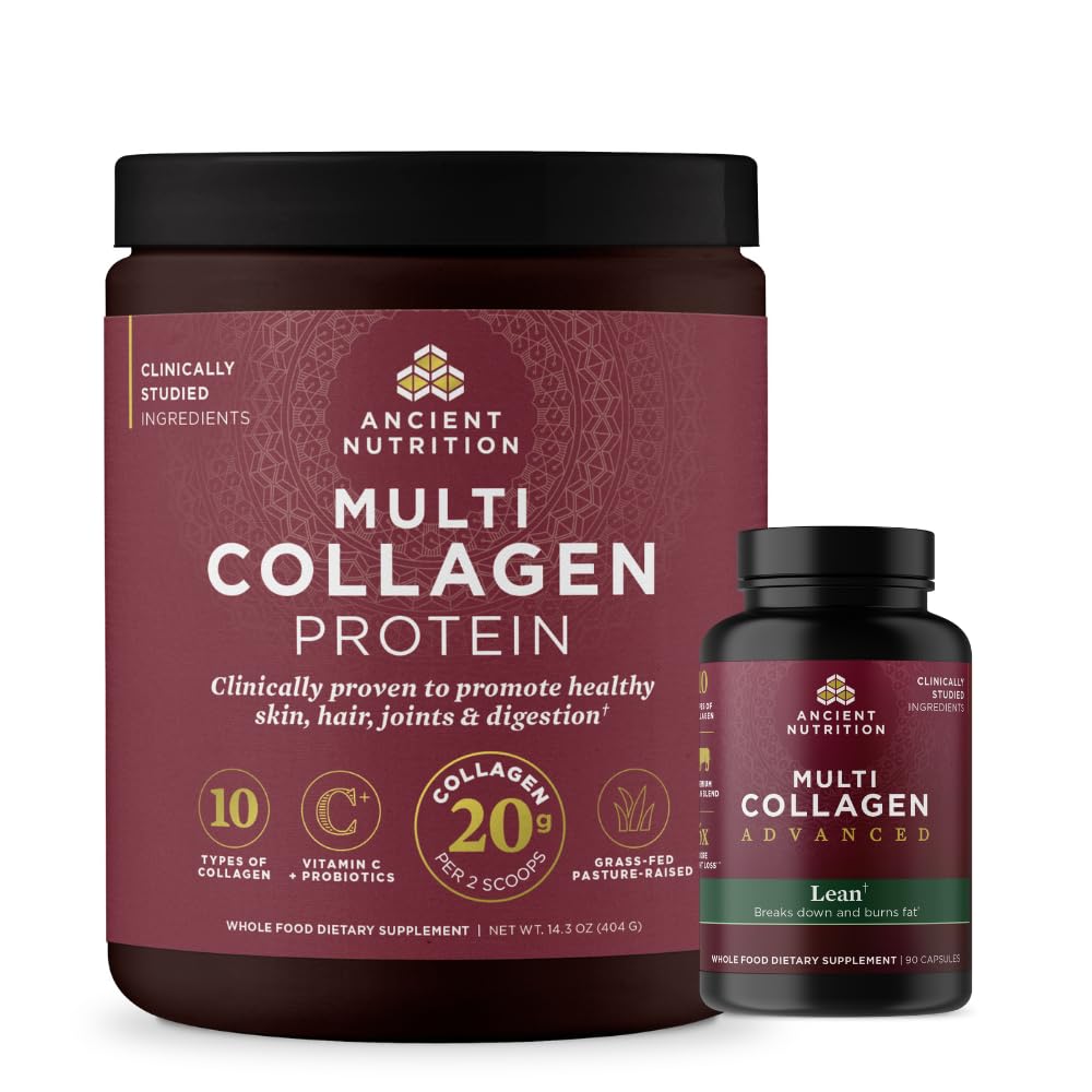 Ancient Nutrition Multi Collagen Advanced Lean Kapsler, 90 Count + Multi Collagen Protein Powder, Unflavored, 40 Servere
