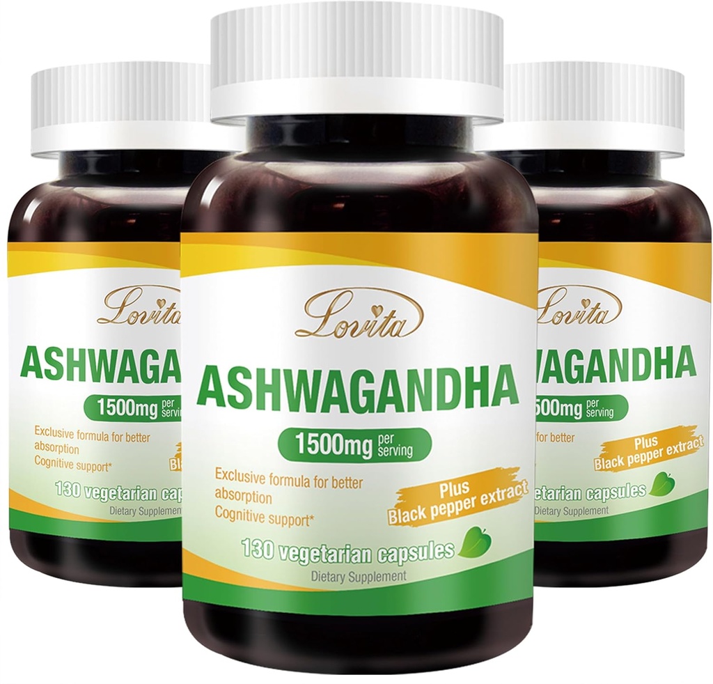 Lovita KSM- 66 Ashwagandha against 124; Højt koncentreret; 5% fravænnede; 124; 95% sorte peberfrugter Piperine against 124; Stress Relief & Energy Support; 124; Vegan, Gluten Free against 124; 130 Kapsler (pakning med 3)