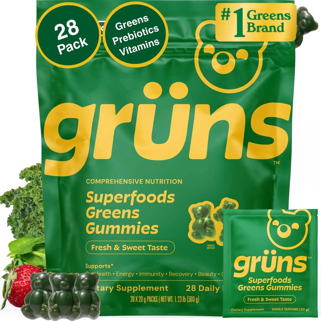 Gruns Voksen Super Green Multivitamin Gummies, Superfood Gummy Vitaminer for kvinder og mænd med Spirulina, Chlorella, Adaptogens & Prebiotic Fiber for fordøjelsessygdomme (28 Greve)