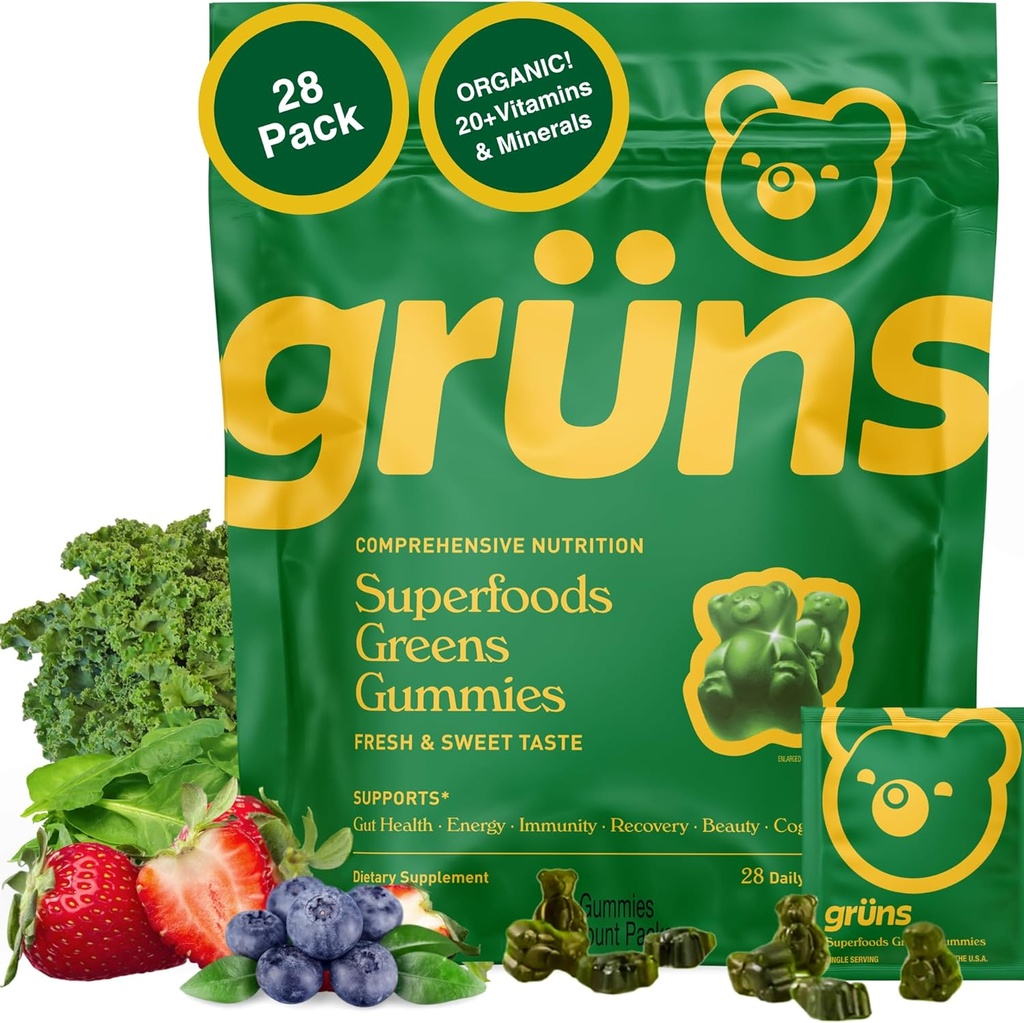 Gruns voksne Super Green Multivitamin Gummies, Superfood Vitamin Gummy Bears med Spirulina, Chlorella, Prebiotic Fiber for fordøjelsessygdomme, Adaptogens supplement, 20 Vitamin & Min, 28 Tæl