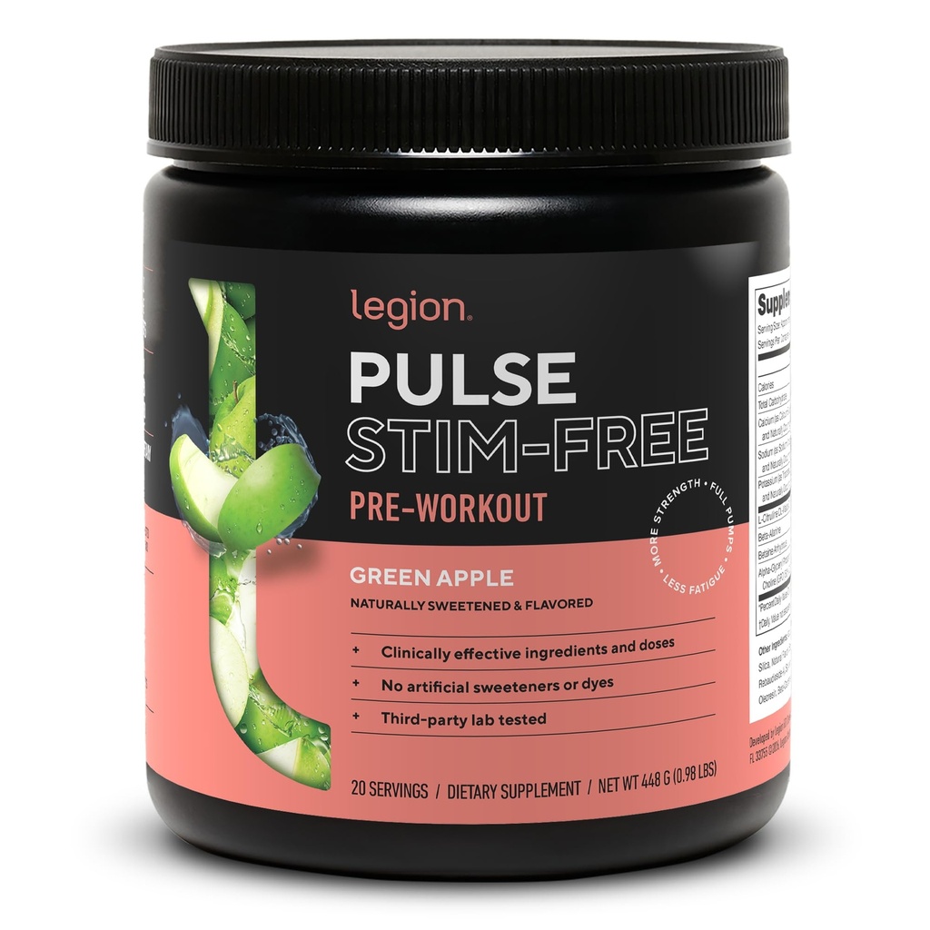 LEGION Pulse Pre Workout Supplement - Alle naturlige nitrogenoxid Preworkout Drink til Boost Energy, Kreatin Free, naturligt sødet, Beta Alanine, Citrullin, Alpha GPC (Koffein Free Green Apple)