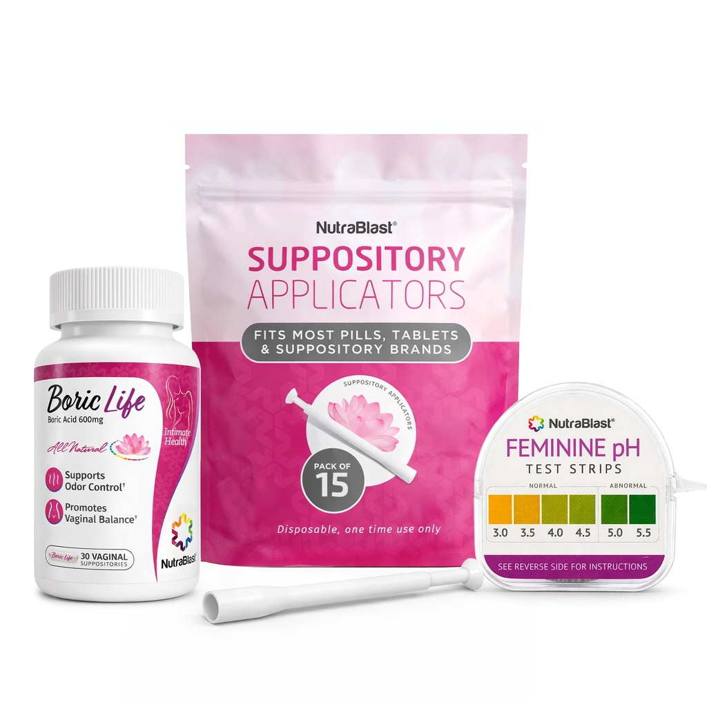 NutraBlast Boric Acid Vaginal Suppositorier 600mg (30 Tæl) w / Disponible Vaginal Suppositative Applikatorer (15- Pack) og Feminin pH Test Strips 3.0- 5.5 (100 Test Roll)