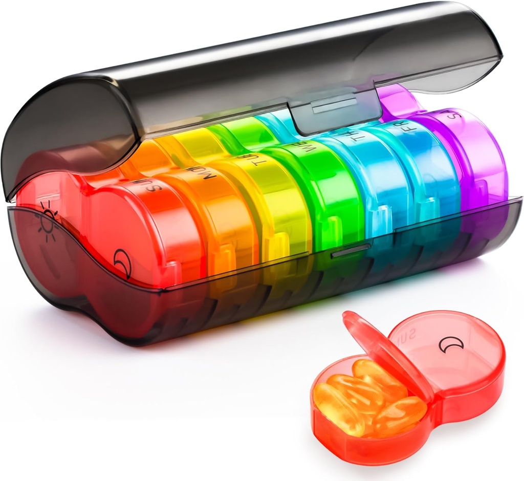 Yaklim Pill Organizer 2 gange om dagen, Ugentlig Pill Box AM PM, Black Privacy Protection Daily Medicine Pill Organizer med store BPA Free Pill sag for Holding Vitaminer, fiskeolier, Kosttilskud (Rainbow)