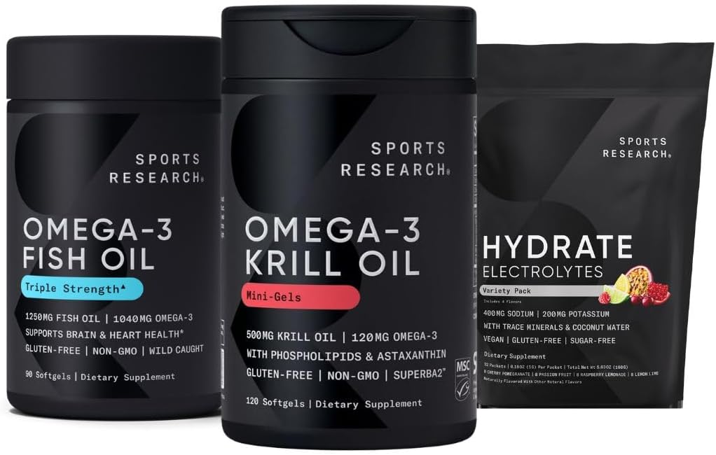 Sportsforskning Antarktis Krill Oil Omega 3 Mini- Softgels 500mg med fosfolipider, Cholin, Astaxanthin, Triple Strength Omega 3 Burpless Fish Oil 1250mg, Sugar Free Multi Flavor Hydrate Elektrolytter